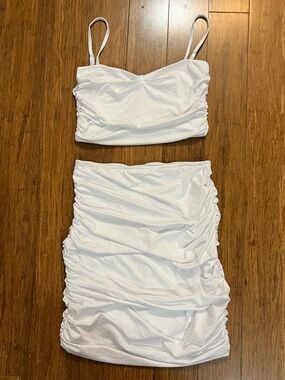 White Ruched Midi Skirt Set